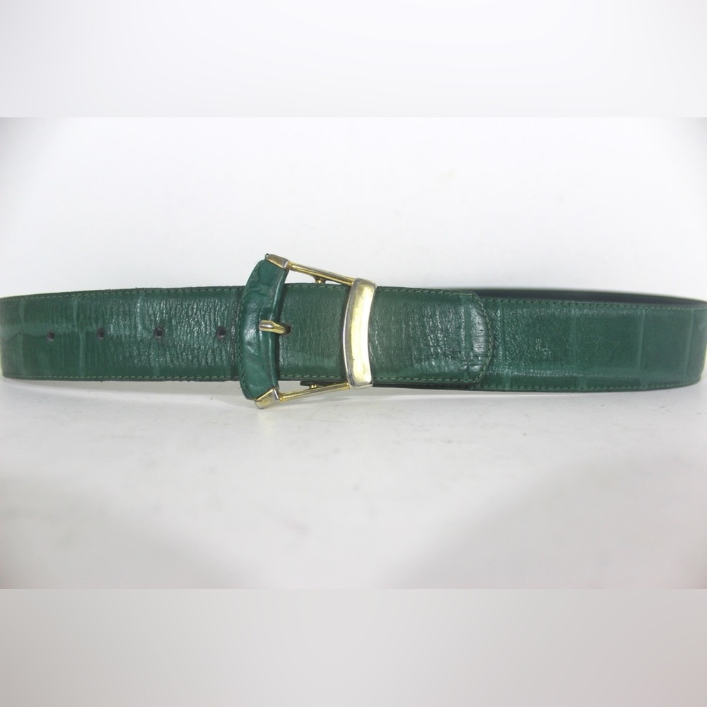 Green Croc Embossed Leather Belt with Self Covered Leather and Gold Metal Buckle